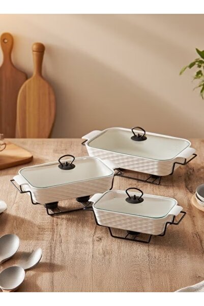 Dove 3-Piece Rectangular Porcelain Food Warmer With Candle Stand & Glass Lid Set