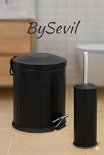 EMIR Vintage 2 Li Çöp Kovası Çöp Kutusu Banyo Seti Çizgili Model Siyah 5 Litr...