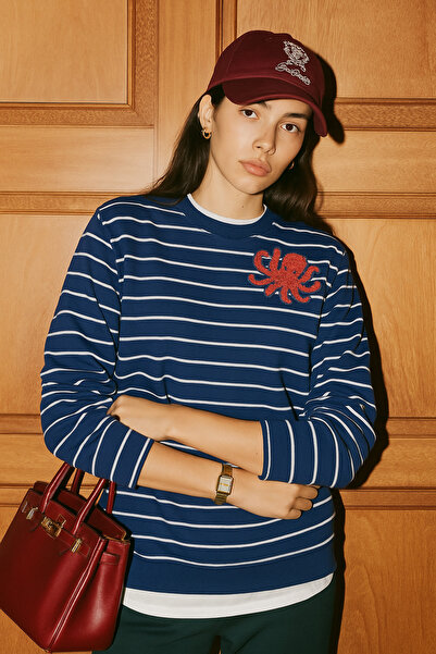 GZ Design Kırmızı Ahtapot Işlemeli Lacivert Çizgili Ince Sweatshirt