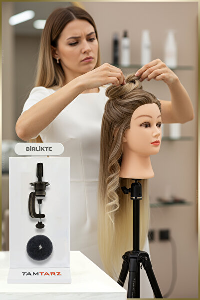 YENİĞÜN STORE Ombreli Fiber Synthetic Hairdresser Training Mannequin and Table Apparatus - Brown / Platinum