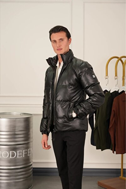 MODEFENDİ Erkek Siyah Yan Ceplı Fermuarlı Dik yaka Şişme Deri Mont