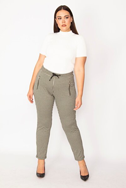 Şans Women's Large Size Brown Houndstooth Patterned Zipper Pocket Tunnel Waist Lace Trousers 65n29227