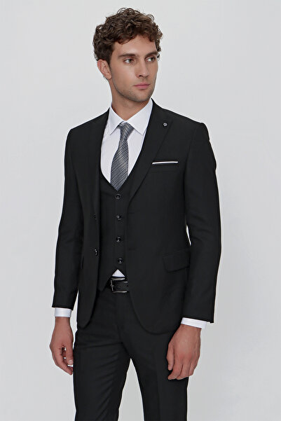 Morven Siyah Yelekli Jakarlı Slim Fit Dar Kesim 6 Drop Erkek Takım Elbise