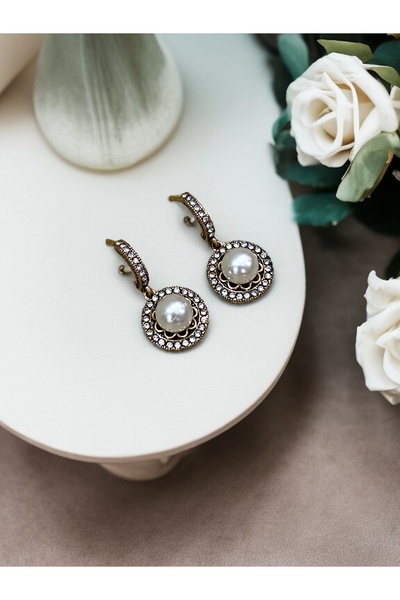 FAYRA ACCESSORIES Kristal Taşlı Yuvarlak Inci Küpe