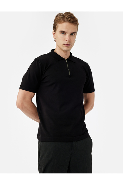 Koton Tricou din tricot cu mânecă scurtă, cu jumătate de fermoar, cu gât polo, din viscoză