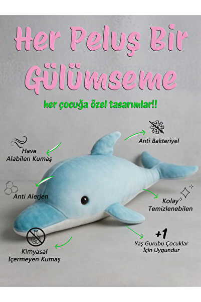 POLLYTOYS PELÜŞ OYUNCAKTA DÜNYA MARKASI Yunus Balığı Mavi 70 cm – Sevimli & Büyük Boy Oyuncak