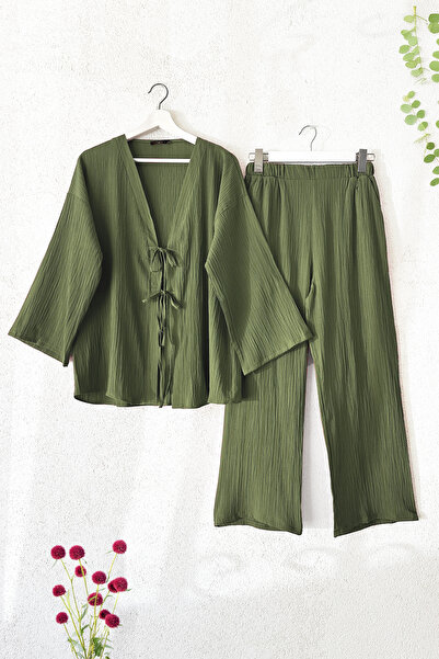 MODAQU Front String Laced Crinkle Kimono Trousers Double Set - Khaki