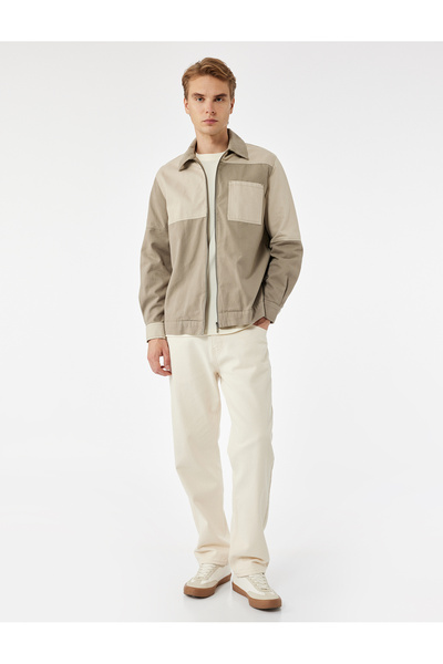 Koton Bumbac, detaliu de buzunar, contrast de culoare, guler clasic, mânecă lungă, cu fermoar, cămașă, jachetă