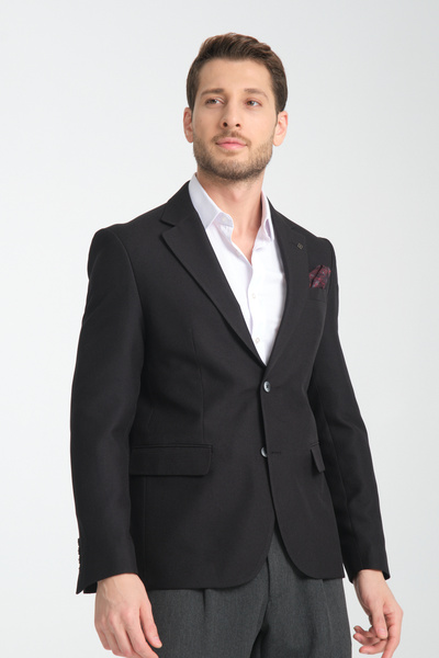 Frappoli Alfredi Erkek Battal Büyük Beden Siyah Hasır Kumaşlı Blazer Ceket