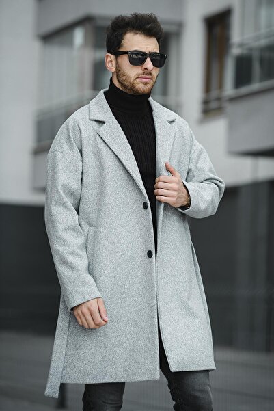 Oksit Layun Erkek Kemerli Oversize Rahat Kesim Kaşe Kaban Palto