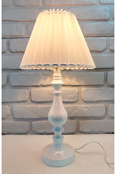 Genel Markalar Beyaz Rustik Klasik Metal Yüksek Ayaklı Pileli Makrome ve Kağıt İp Örme Şapkalı Abajur Masa Lambası