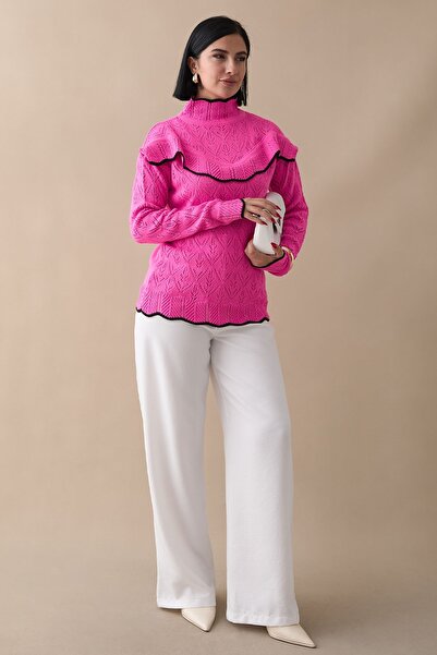 InStyle Alvi Ruffle Detailed Striped Knitwear Sweater - Fuchsia