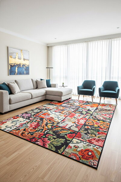 ARTLOOP Jazz Patchwork Karabağ Desenli Dokuma Taban Dekoratif Siyah Halı AL 153