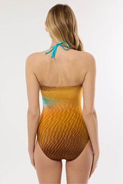 AYYILDIZ 4308 Kahve Mavi Desenli Straplez Mayo