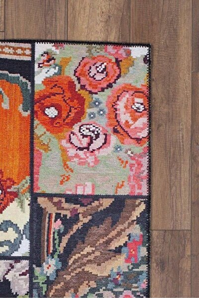 ARTLOOP Jazz Patchwork Karabağ Desenli Dokuma Taban Dekoratif Siyah Halı AL 153