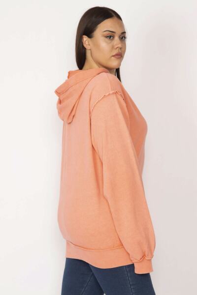 Şans Women's Large Size Orange Hooded Kangaroo Pocket Sweatshirt 65n29634