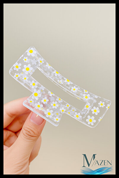 MAZEN Papatya Desenli Akrilik Mandal Toka | 8 cm | Kadın Saç Aksesuarı | Yazl...