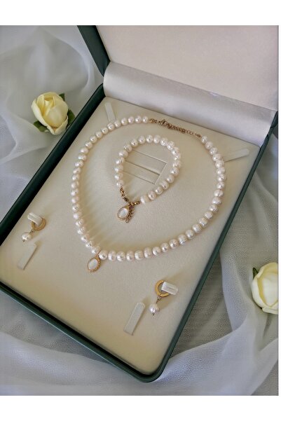 Harikalar Aksesuar 50 cm Sertifikalı Doğal İnci Kolye Bileklik Küpe Set-Çelik Aparat-Oval Charm