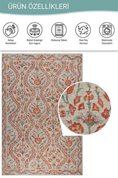 ARTLOOP Nora Krem / Turuncu Çiçekli Dokuma Tabanlı Modern Şönil Halı AL 490