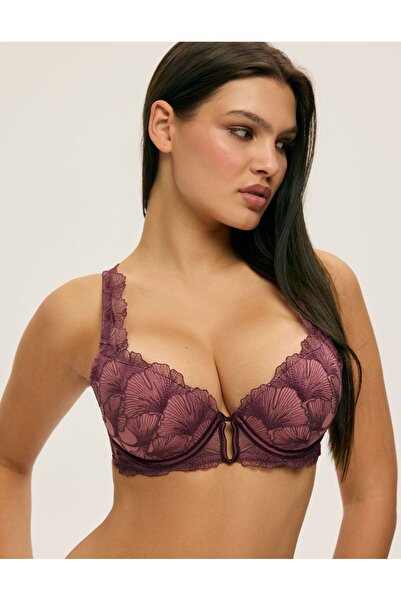 ESOTIQ Sutien push-up cu burete și armatură, cu dantelă în față cu frunze de ginkgo, decupaj sexy | Cecylia
