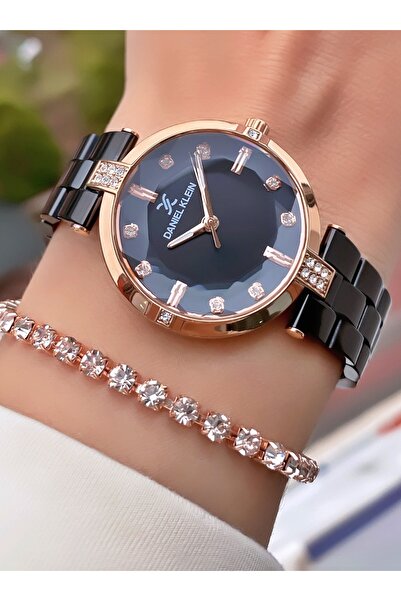 Daniel Klein Orijinal Kadın Kol Saati – Rose Gold & Siyah Seramik Kordon, Taş Detaylı Kadran + Hediye Bileklik