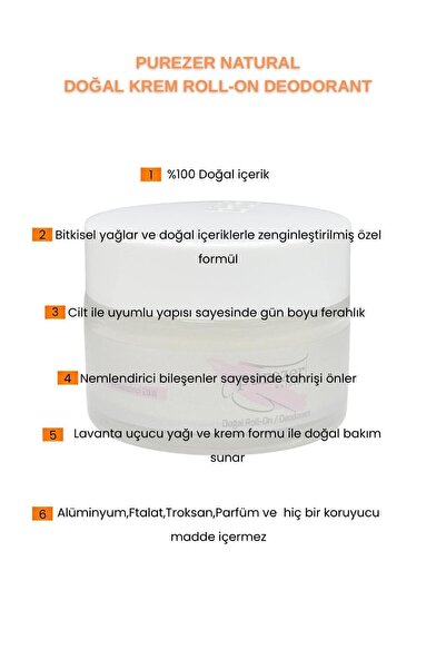 PUREZER NATURAL %100 Doğal Krem Roll On Deodorant Unisex Kimyasal Içermez 30ml Lavanta