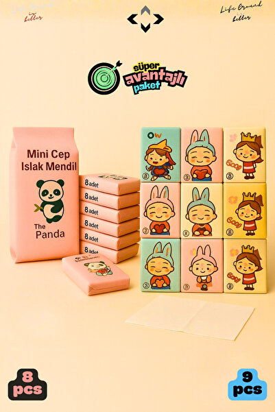 LİGROUND Figürlü Çocuk Okul Hijyen Seti 8li Islak Mendil 9lu Peçete Kağıt Mendil Taşınabilir Islak mendil