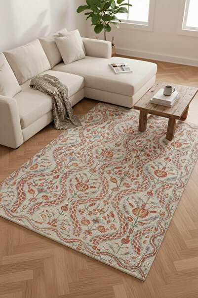 ARTLOOP Nora Krem / Turuncu Çiçekli Dokuma Tabanlı Modern Şönil Halı AL 490