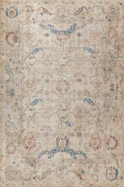 ARTLOOP Relic Bej / Mavi Vintage Dokulu Klasik Desenli Dokuma Tabanlı Şönil Halı AL 476