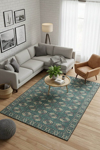 ARTLOOP Relic Yeşil / Krem Vintage Dokulu Klasik Desenli Dokuma Tabanlı Şönil Halı AL 488