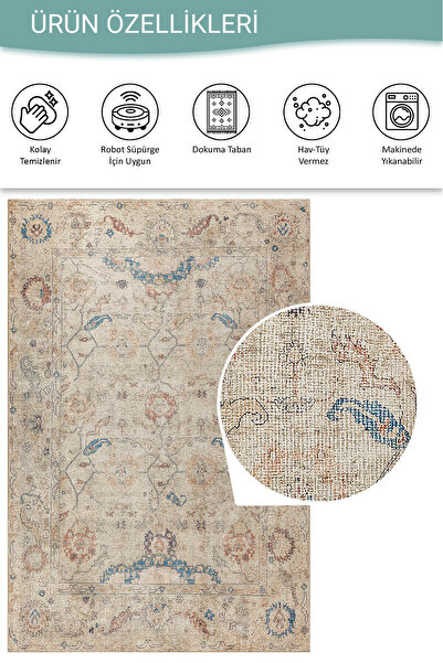 ARTLOOP Relic Bej / Mavi Vintage Dokulu Klasik Desenli Dokuma Tabanlı Şönil Halı AL 476