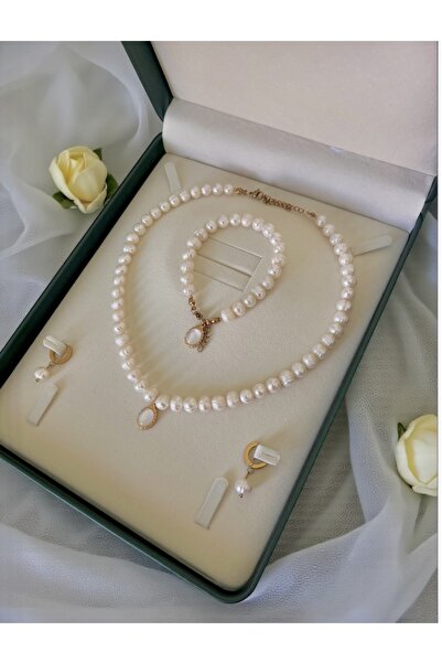 Harikalar Aksesuar Sertifikalı Doğal Beyaz İnci Kolye Bileklik Küpe Set-Çelik Aparat-Oval Charm