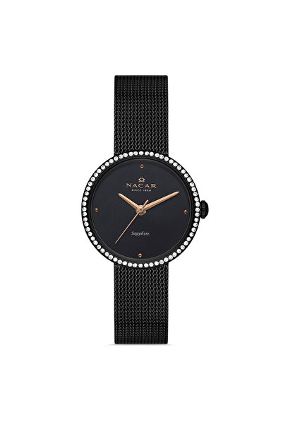 Nacar ساعة يد نسائية سوداء من زجاج الياقوت NC17- 3920594 -BBMS