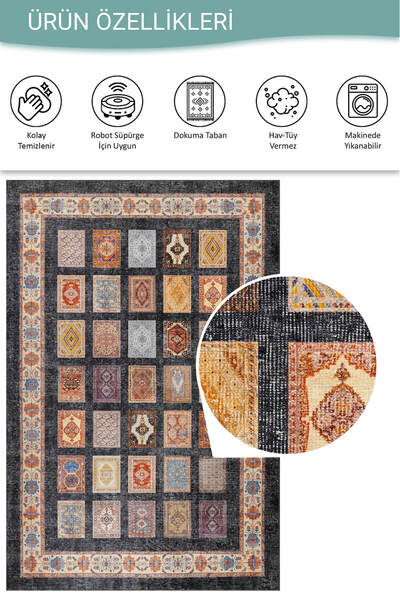 ARTLOOP Dorian Eskitme Vintage Desenli Otantik Yıkanabilir Renkli Şönil Halı AL 440