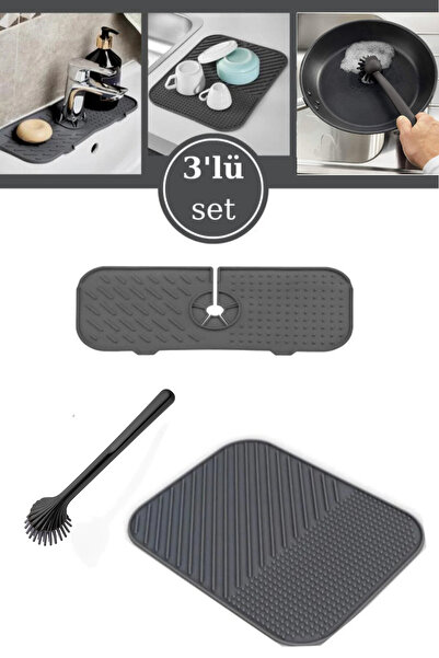 Flosoft 3’lü Lavabo Matı Seti, Çok Amaçlı Kurutmalık + Musluk Matı + Silikon Uçlu Bulaşık Fırçası 3’lü Set