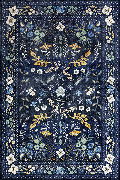 ARTLOOP Fuga Yumuşak Dokulu Lacivert Çiçekli Modern Desenli Halı KA 05