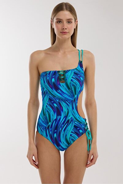 AYYILDIZ 5215 Turkuaz Desenli Tek Omuz Mayokini