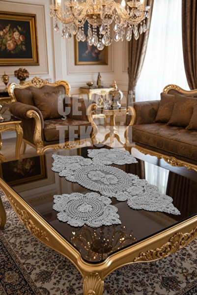 Çt Çeyizci Tekstil Gray Living Room Set - 3-Piece Coffee Table and Table Cloth, Bedroom