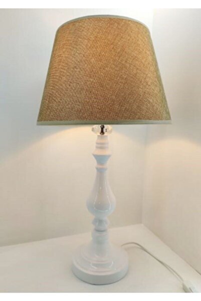 365GUNSERİSONU مصباح طاولة عاكس الضوء من القماش البني ذو الساق العالية باللون الأبيض الريفي الكلاسيكي