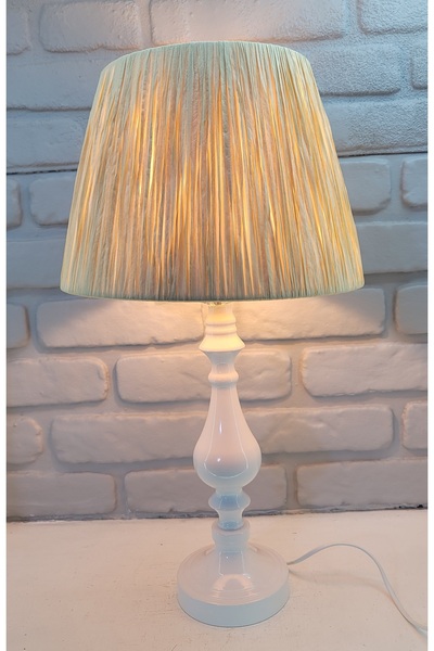 Decodelight Beyaz Rustik Klasik Metal Yüksek Ayaklı Pileli Makrome ve Kağıt İp Örme Şapkalı Abajur Masa Lambası