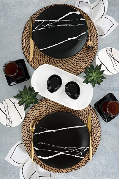 Keramika Siyah Beyaz Mermer Kahvaltı Takımı 11 Parça 2 Kişilik 17950-17951