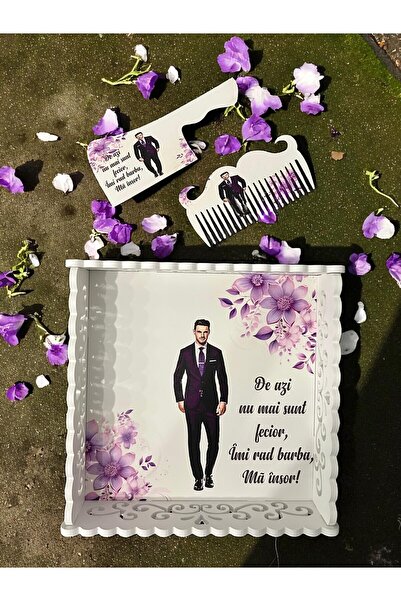 OEM Set tava pentru gatitul Mirelui, lemn alb cu print UV - MOV, 3 piese: tava, piepten si satar/barda