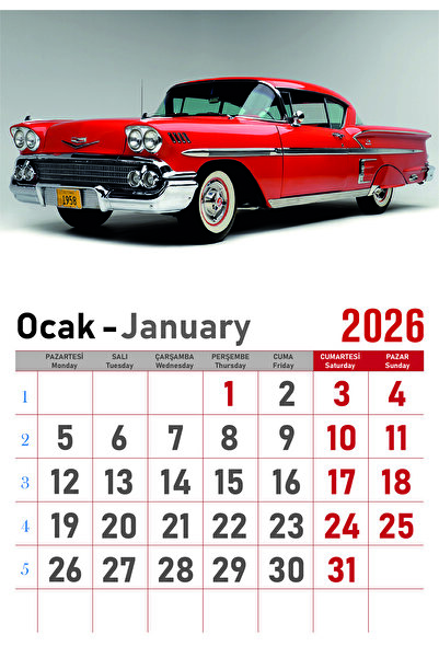 Orkide Matbaacilik Takvim - Spiralli 12 Yaprak 32x47 Cm -Klasik Araba Resimli Kuşe Kağıt Duvar Takvimi - 2026