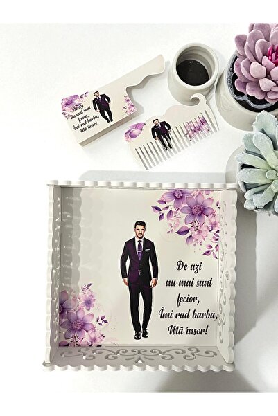 OEM Set tava pentru gatitul Mirelui, lemn alb cu print UV - MOV, 3 piese: tava, piepten si satar/barda