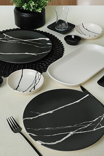 Keramika Siyah Beyaz Mermer Kahvaltı Takımı 11 Parça 2 Kişilik 17950-17951