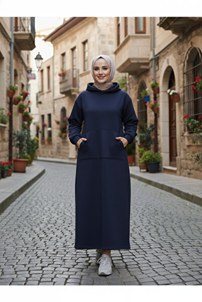 CHUL Kapüşonlu Lacivert Kışlık Sweat Elbise - Geniş Beden Aralığı
