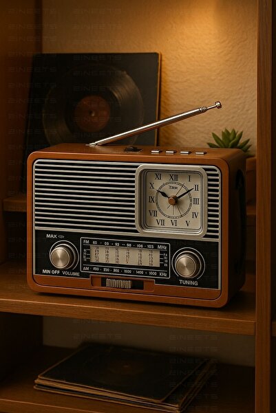 Zineets Saatli Nostaljik Radyo FM Ahşap Görünümlü Bluetooth Hoparlör Ahşap Renk Vintage Saatli IŞIKLI USB SD