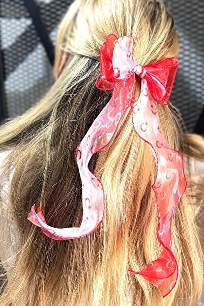 New Obsessions Alice Turkish Flag Red-White Long Tulle Bowknot Hair Clip