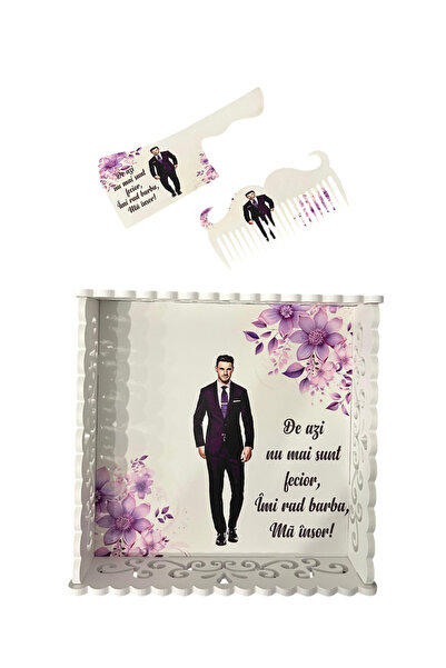 OEM Set tava pentru gatitul Mirelui, lemn alb cu print UV - MOV, 3 piese: tava, piepten si satar/barda