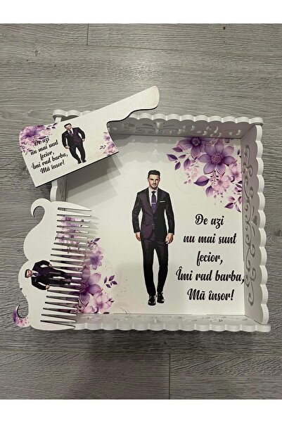 OEM Set tava pentru gatitul Mirelui, lemn alb cu print UV - MOV, 3 piese: tava, piepten si satar/barda